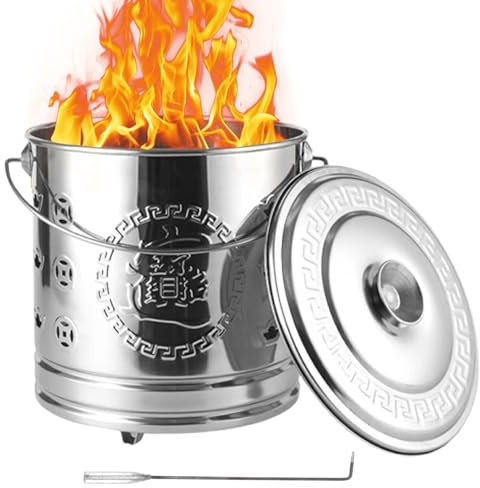 Incinerator Garden Bins Stainless Steel Fire Bin Heat-Resistant Burning Bin Air Vent Garden Incinerator Bin Heavy Duty with Handle and Fire Hook for Garden Leaves Paper Wood