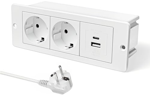 JACEPFY Inbyggt uttag PD20W USB-C snabbladdning 2-vägs bordsuttag försänkt uttag med USB möbeluttag för kök bordsskiva kontor skrivbord, vit