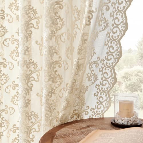 FOLKSIDE Beige Lace Curtains - 63 Inch Length, 2 Panels Set - Victorian Floral Sheer Curtains for Living Room & Bedroom - Rod Pocket, Light Filtering, Paisley Crochet Drapes, 52x63