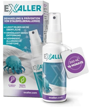 ExAller Spray Anti-Acariens 300 ml – Élimine 99% des acariens – 16 mois d'utilisation – Testé en laboratoire – Naturel & sans produits chimiques – Recommandé par les allergologues