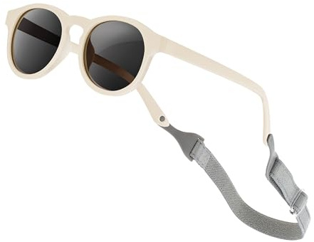 AEUNIV Gafas de sol para bebé con correa, marco redondo retro, flexible, polarizadas, UV400, para bebés, recién nacidos, niñas, niños, edades de 0 a 24 meses, beige