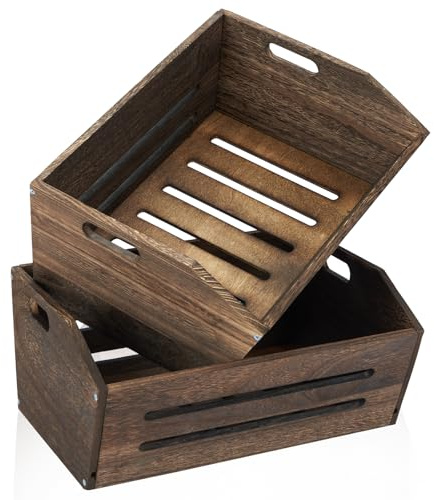 ELONG HOME Rustic Wooden Crate, 2 Pack, Brown, Large, 16.5x12.7x9 Inches, Holds Up to 45 Pounds, Decorative Farmhouse Wooden Crate Basket for Storage and Display