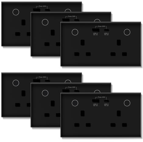 BSEED WiFi Socket 2 Gang with USB and Type C Compatible with Alexa and Google Home, Metered Socket With APP Remote Control Compatible with Smart Life, Timer Outlet Smart Outlet 16A Black, 6 Pack