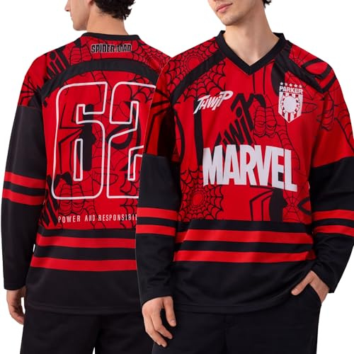 Marvel Mens Hockey Jersey - Spider-Man Punisher Mickey Mouse Long Sleeve Mesh Graphic Hockey Jerseys for Men, Size Runs Large, Size Large, Red/Black Marvel