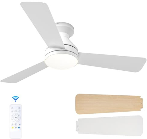 Passky Ventilador de Techo con Luz Silencioso 107cm | Mando a Distancia | Motor DC | 3 Temperaturas Luz Regulables | Función Verano-Invierno | 6 Velocidades | Temporizador | Interior/Exterior | Blanco