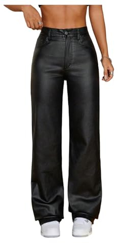 WDIRARA Women's High Waisted PU Leather Pants Punk Straight Leg Trousers Streetwear Black Tall-S
