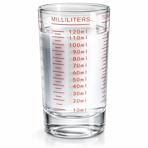 4oz/120ml Glass Measuring Cup with Red Markings, Heavy Duty Shot for Measuring Liquid and Dry Ingredients, Espresso and Cocktail Shot Cups for Whiskey, Spirits, Wine, Liquor, Not Dishwasher Safe
