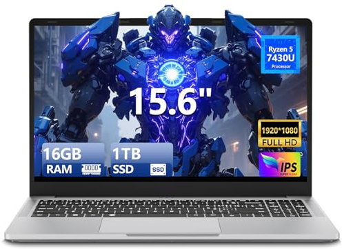 MOGIKK 15,6 Pulgadas Ordenador Portátil Ryzen 5 7430U, PC Portatil 16 GB RAM 1 TB SSD, Laptop gráficos Radeon, FHD IPS, Tipo-C, USB 3.0, HDMI, Teclado Digital retroiluminado Computadora portátil