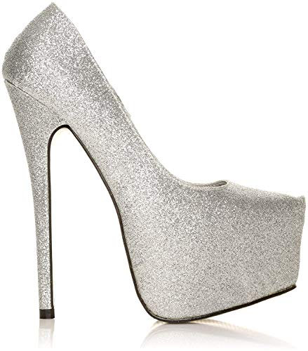 New Womens Party Platform Pumps Killer HIGH Heels Stiletto Court Shoes Size 3-8 Silver Glitter