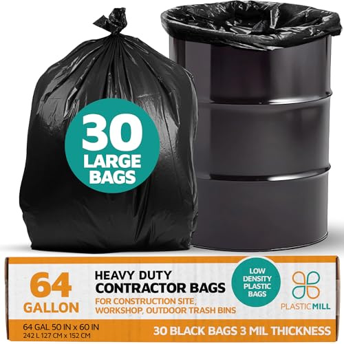 PlasticMill Contractor Bags Heavy Duty - Commercial, Industrial Garbage Bags - Black Construction Trash Bags - Outdoor, Garden Trash Bags, 64-Gallon, 3 Mil, 50x60 (30-Count)