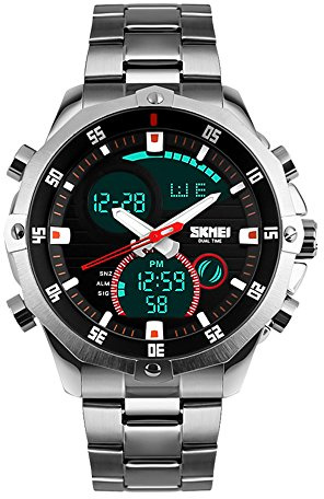 SKMEI Montre bracelet pour homme étanche analogique numérique avec chronographe LED multi-temps, montre d'affaires en acier inoxydable