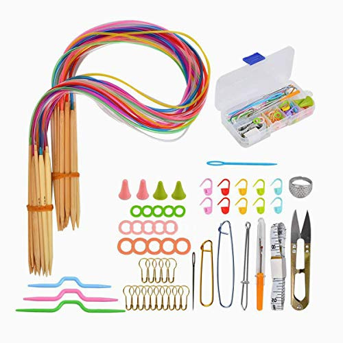 RoadLoo Aiguilles Circulaires Bambou,18 Paires Aiguille Tricoter 2mm-10mm Tube Multicolore Rondes Aiguilles Crochet avec 58 pcs Accessoires Tricot Outils Boîte pour Tricotage Laine Echarpe DIY (76)