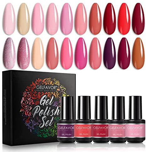 GELFAVOR UV Gel Nagellack Set 24 Pcs Rosa Nude Rot Dunkelviolett Braun Gel Nagellack mit Base Coat und Matt & Glossy Top Coat Rosa Rot Shellac Gellack DIY Salon Frühlings Sommer Farbe