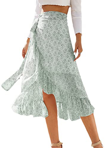 seiveini Femme Floral Jupe Longue Chic Asymétrique avec Volants Boho Fluide en Tull Plissée Évasée en Mousseline de Jupes Midi Casual pour Printemps Et Été Skirt B Kaki M