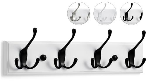 LARHN Garderobenhaken Weiß - Garderobenleiste Weiß mit 4 Haken in Schwarz - 42 cm - Kleiderhaken Wand - Wandgarderobe für Flure, Garderoben, Schlafzimmer und Badezimmer