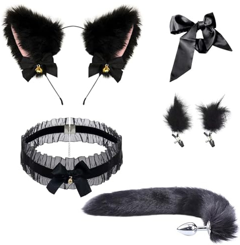 BDSMYOU Plug Anale per Coppie Cosplay con Coda di Volpe,Sex Toys Sexytoysys Coppia,Morsetti per Capezzoli + Collare + Orecchie di Gatto + Maschera per gli occhi,BDSM Bondagerie Accessori Donna (Nero)