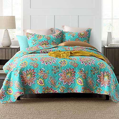 VISIMISI Tagesdecke 220x240cm Baumwolle Grün Paisley mit Blumen Bettüberwurf 230x250cm Steppdecke mit 2 Kissenbezug Wendedecke Ganzjahresdecke für Doppelbett