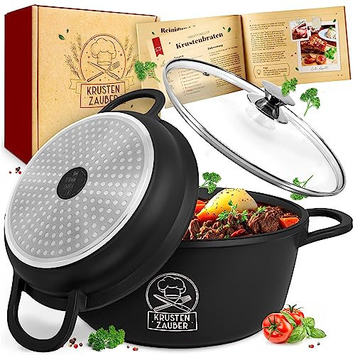 KRUSTENZAUBER 24cm Aluguss Bräter mit Deckel backofengeeignet [inkl. Glasdeckel] - 4L Aluminium Schmortopf & Bratpfanne - Idealer Bräter Induktion, Schmorpfanne, Bratentopf, Gussbräter, Kasserolle