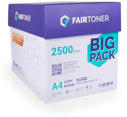 FairToner Kopierpapier 2500 Blatt DIN-A4 80g, Weiß (5 x 500 Blatt / 5er Pack) Universal Druckerpapier für Laserdrucker und Tintenstrahldrucker geeignet