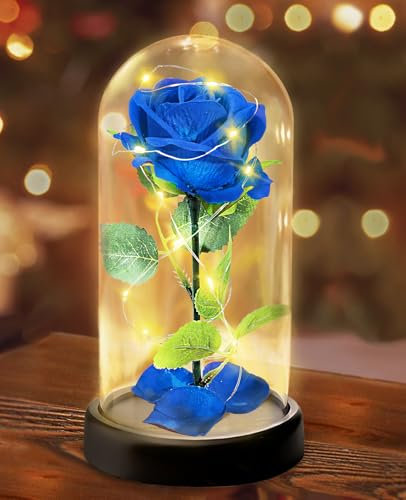 Touloube Rosa Flor Regalos del Día de la Madre para Mamá, Regalos para Mujeres, Regalo de Flor para Ella -1 Rosa de Seda Azul con Luz LED en una Cúpula de Cristal para Aniversario Cumpleaños
