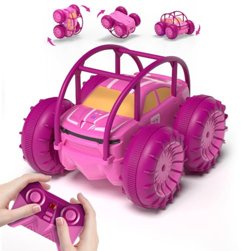 MaxTronic Direct Charging Remote Control Car for Girls, Amphibious RC Cars Toy 2.4G 360° Flips Rotation 15KM/H 4WD All Terrain Stunt Car with Ajustable LED for Kids 3-12 Years Old,Pink
