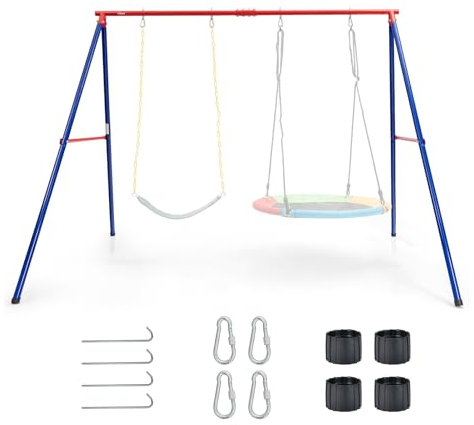 KOMFOTTEU Doppelschaukelgestell Metall, Schaukelgestell für Nestschaukel & Kinderschaukel, Schaukelgerüst bis 250 kg belastbar, Nestschaukel Gestell für Garten Hof, Rot+ Blau