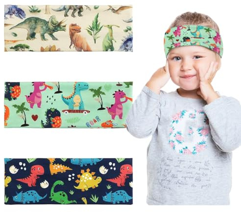 3 Piezas Cintas para el Cabello de Dinosaurio para Bebés Turbante de Dinosaurio Diademas Elásticas para Decoración del Cabello de Niños 5-15 Años Banda para el Cabello Diadema Deportiva