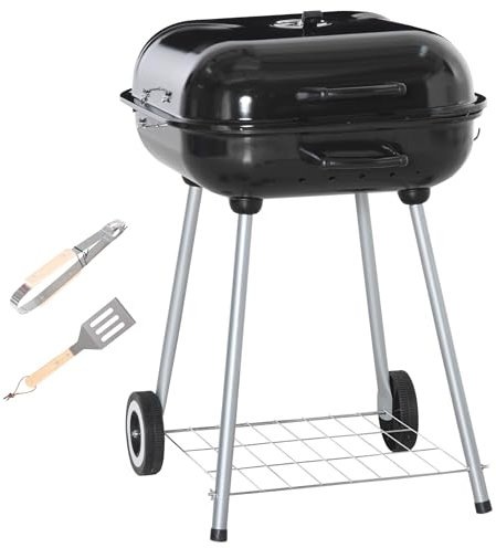 Outsunny Portable BBQ Charcoal Grill with 2 Wheels and Cooking Utensils, Smoker Grill with Lid for Outdoor Barbecues, Camping, Picnic, Courtyard
