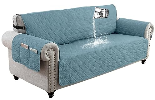 QQJIN 100% Waterproof Sofa Cover 3 Seater, Non-Slip Sofa Slipcover with 6 Side Pocket, Sofa Protector with Adjustable Elastic Strap for Kids, Dogs,Gray Blue,3 Seater