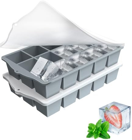 ZUIMENG Ghiaccio Stampo con Coperchio, Cubetti di Ghiaccio Stampi Silicone Senza BPA, Porta Ghiaccio per freezer Impilabile per Cocktail, Whisky, Vino, Puree di Frutta (Grigio, 2 Pezzi)