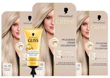 Schwarzkopf Creme Supreme Coloration 10-19 Extra-Helles Perlblond (3x182 ml), dauerhafte Haarfarbe & GLISS SOS-Intensiv-Kur Oil Nutritive 15ml, natürlicher Glanz und Geschmeidigkeit