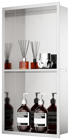 KINKIBOS 304 Stainless Steel Shower Niche, No Tiles Required, Embedded Wall Niche 60 x 30 x 10 cm, Shower Niche Dual-Shelf Storage, Brushed