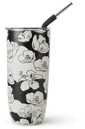 S'well Stainless Steel Tumbler with Straw and Slide-Open Lid, 700ml, Charcoal Bloom, Triple Layered Vacuum Insulated Containers Keeps Drinks Cold for 18 Hours and Hot for 5, BPA Free