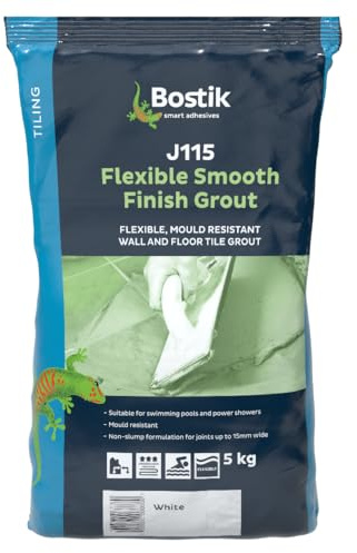 Bostik J115 Flexible Smooth Finish Tile Grout White - 5kg - Mould-Resistant - Waterproof - Non-Slip - Suitable for Walls & Floors - Indoor/Outdoor Use