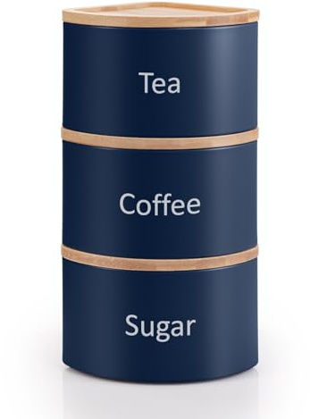 EHC Tea Coffee Sugar Canister Set, Set of 3 Stackable Kitchen Canisters Sets, Airtight Jars Easy Open Corner Space Saving Design, Navy Blue