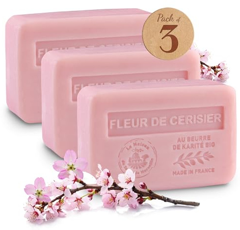 Savon Solide Karité Fleur de Cerisier - Lot de 3x250g - Enrichi en Beurre de Karité Bio - Savon Naturel Parfumé de Grasse - Fabriqué en Provence - 97% Végétal