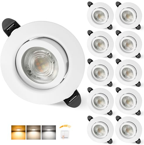 Aulaiyi 3CCT Faretti LED da Incasso per Cartongesso 230V Dimmerabile 68mm 5.5W IP44 Faretto Incasso Ultra Piatti Faretti LED Soffitto Ruotabile a 45° per Bagno, Set di 10 Bianco