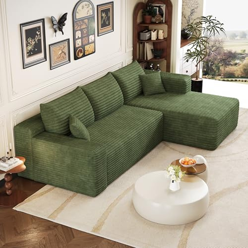 Sapgaks Canapé d'angle en L Moderne 241 cm,canapé 3 Places en Velours côtelé avec Assise Profonde et Angle intégré,canapé Convertible modulaire,Vert-1