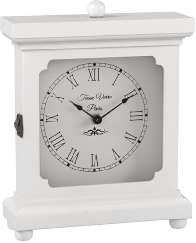 Tasse Verre, orologio bianco, da mensola o scrivania, 22,9 x 17,8 cm, in legno, meccanico, silenzioso, da ufficio, camera da letto, caminetto, soggiorno. Funzionamento a batteria AA non digitale