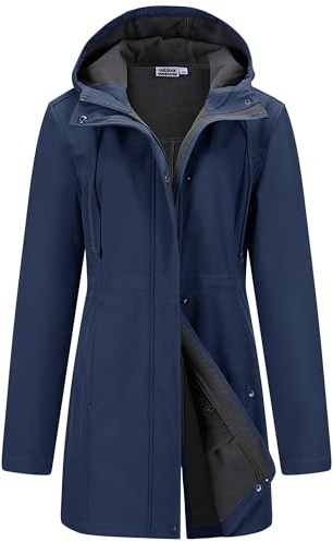 Outdoor Ventures Womens Waterproof Softshell Jacket Long Hooded Windbreaker | Fleece lined, Windproof, 2-Way Zipper, 4 Pockets, Adjustable Waist, Warm, Breathable, for Outdoor Hiking Walking