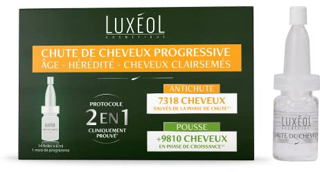 Luxéol - Traitement Antichute Progressive 3 En 1 - Favorise La Pousse & Diminue La Perte de Cheveux - Densifie La Chevelure - Fabriqué En France - Programme Cheveux 1 Mois - 14 Fioles De 6 ml