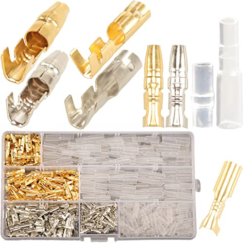 400pcs 3,9mm Kabelskor Runda Bullet Connectors Kit, Runda Kontakter Kulterminaler Bullet Terminals med Isoleringskåpa, Guld Mässing Kulkontakt Hane och Hona Crimp Terminals, Elektriska Kontakter