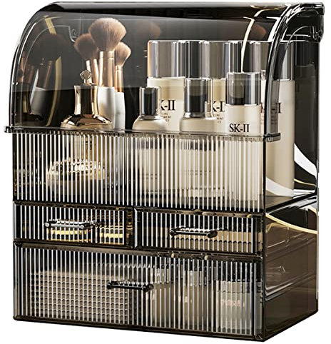 Suyoo Makeup Storage Organiser, XL Large Acrylic Cosmetics Organizer Skincare Display Case with Drawers and Waterproof Cover for Countertop, Bathroom, Dresser(Black-XL)