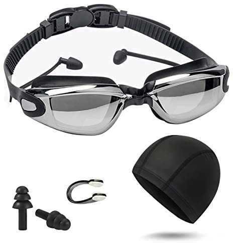 BSITSSS Lunettes de Natation,Lunette Piscine Adulte Antibuée Anti-fuite Lunette Piscine,Lunettes Piscine Adulte Anti-UV Longueur Réglable,avec Bonnet de Bain Pince Nez Natation Bouchon Oreille Piscine
