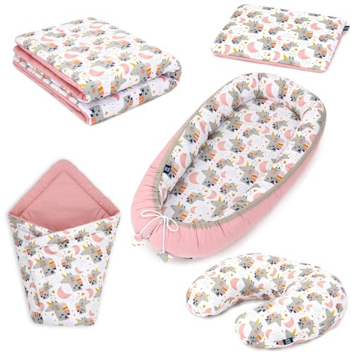 Peti Bebe Baby 5 in 1 Babynest + Bettwäsche + Bettkissen + Puckdecke + Fütterungskissen