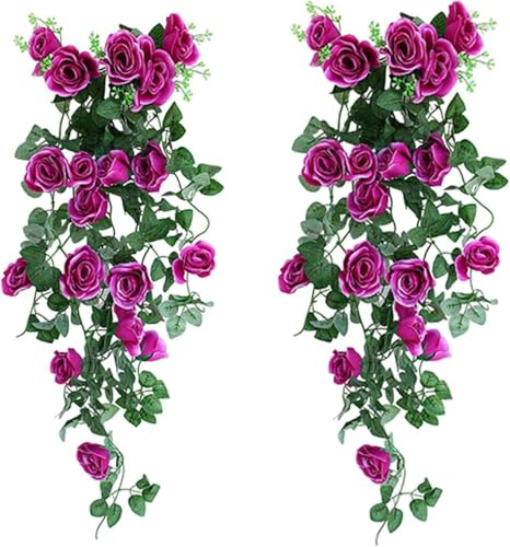 comvastars 2-pack konstgjorda hängande växter med lila rosor, väggdekoration för hem, trädgård, hängande dekoration, bröllopsbåge, fest