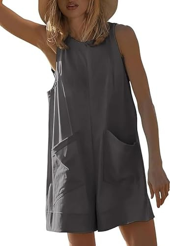 Haibang Mono Mujer Verano Corto Sin Mangas Cuello Redondo Peto Mujer Verano Casual Sueltos Jumpsuit Elegante Monos de Mujer Cortos Una Pieza Mono Pantalon con Bolsillos Informal Playa Playsuit