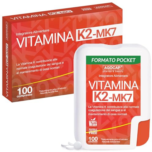 Vitamina K2 MK7 - ALTO DOSAGGIO. Vitamina K2, Menachinone 200mg. Vitamian K, per una Normale Coagulazione del Sangue e al Mantenimento di Ossa Normali. MK7 All Trans 97% - Made in Italy, Agocap