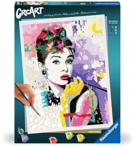 Ravensburger CreArt 25526 - Audrey Hepburn - Malen nach Zahlen Erwachsene, DIY Malset mit Pinsel und Acrylfarben, Geschenk für Frauen und Männer, Malen für Erwachsene