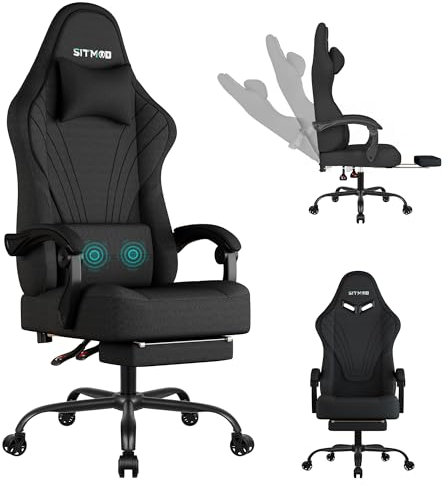 SITMOD Gaming Chair, Fabric Gaming Chairs for Adults with Footrest and Lumbar Support, Ergonomic High Back PC Computer Chair Adjustable Headrest & 360° Swivel 150kg for Gamers Home Office, Black